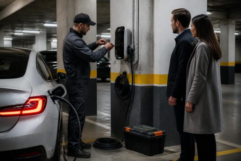 Apartman otoparkına elektrikli araç şarj ünitesi kurma sürecinde elektrikçi ve wallbox kurulumu