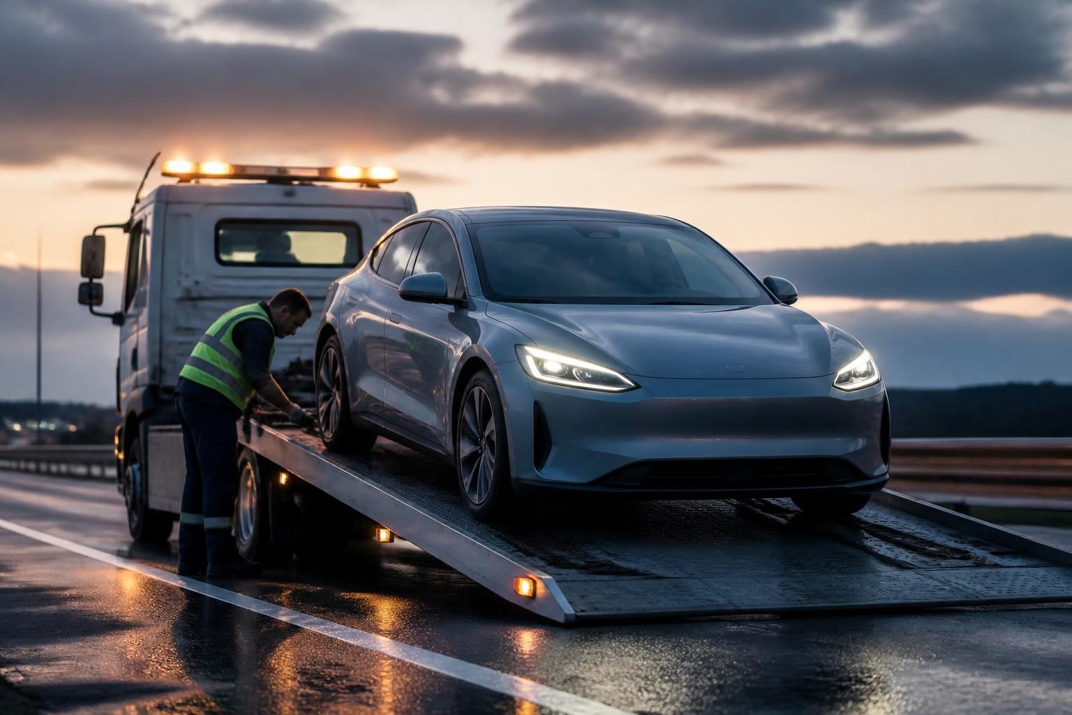 Elektrikli araç çekilir mi sorusu için düz platformlu çekiciye yüklenen elektrikli otomobil