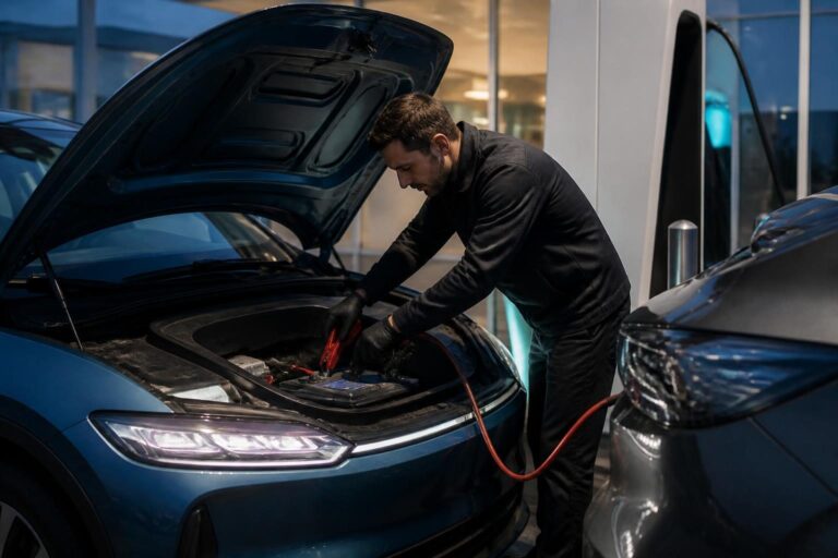 Elektrikli araç 12V akü takviyesi için teknisyenin düşük voltaj terminallerine takviye cihazı bağlaması