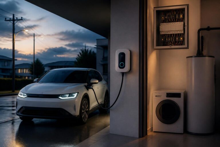 Elektrikli araç dinamik yük dengeleme için ev garajında wallbox ve elektrik panosunu inceleyen elektrikçi