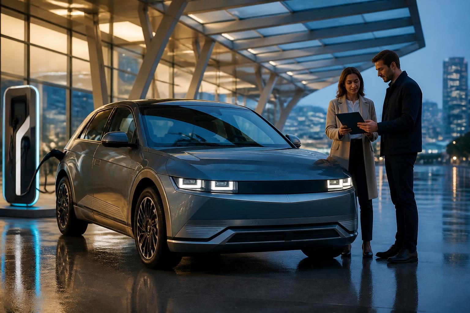 Hyundai elektrikli araç garanti devri için belgeleri inceleyen ikinci el alıcı