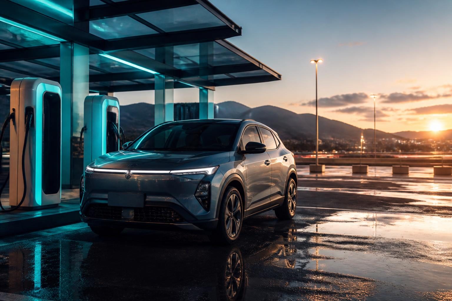 Hyundai Kona Elektrik incelemesi için şehir caddesinde ilerleyen elektrikli SUV