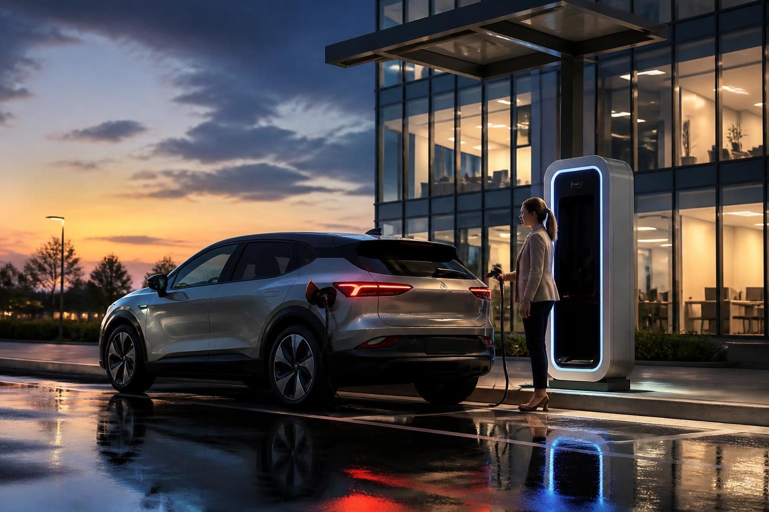 iş yerinde elektrikli araç şarjı - İş yerinde elektrikli araç şarjı yapan çalışan ve AC şarj ünitesi
